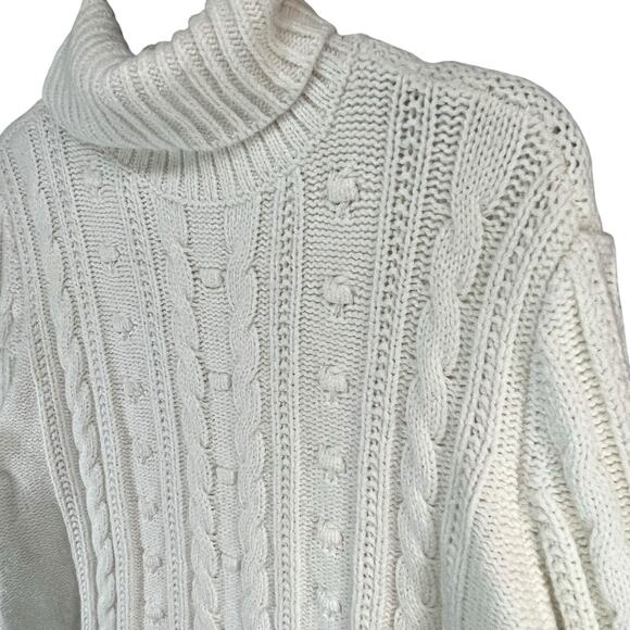 Lands End Sweater Womens L Petite Cream Cable Knit Fisherman Turtleneck Cozy - Picture 2 of 14
